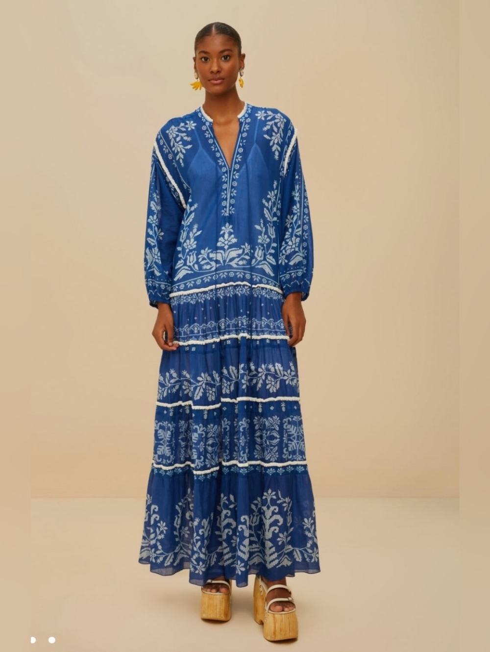 Farm RIO Blue Embroidered Maxi Dress - Women's Boho Floral Tiered Dress